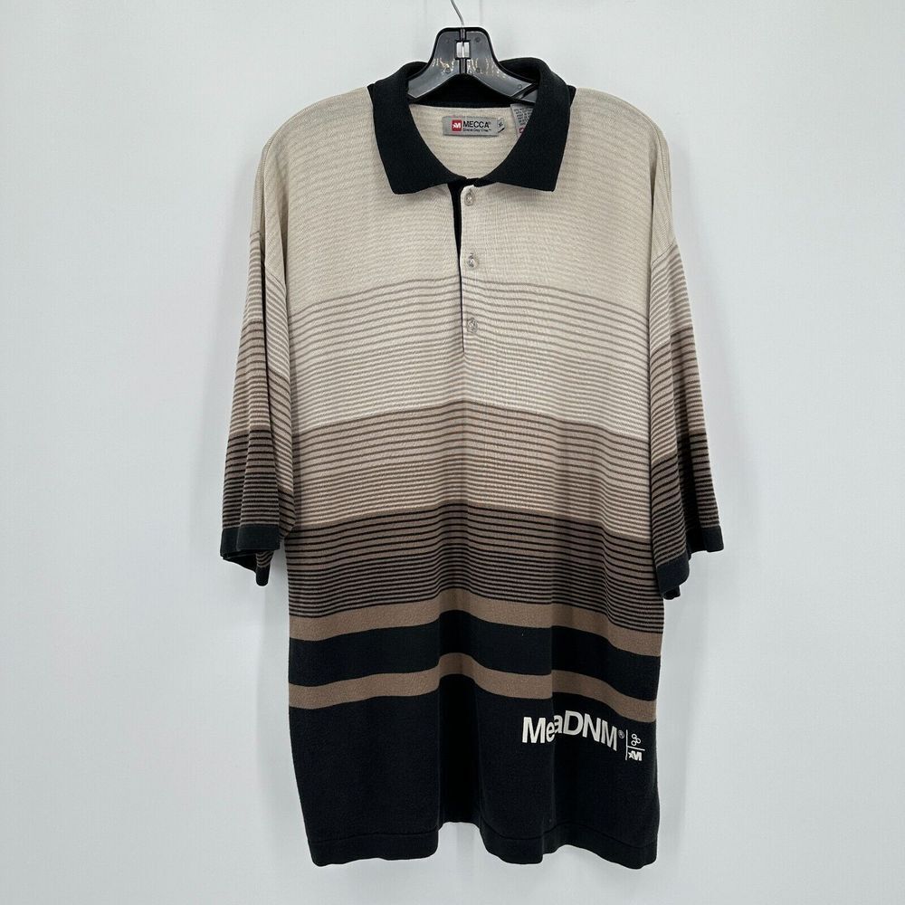Vtg Mecca Polo Shirt Mens XL Cream Black Ombre Striped Hip Hop Streetwear 90s